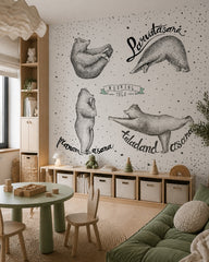 Yoga asana bears wallpaper in a children’s playroom.