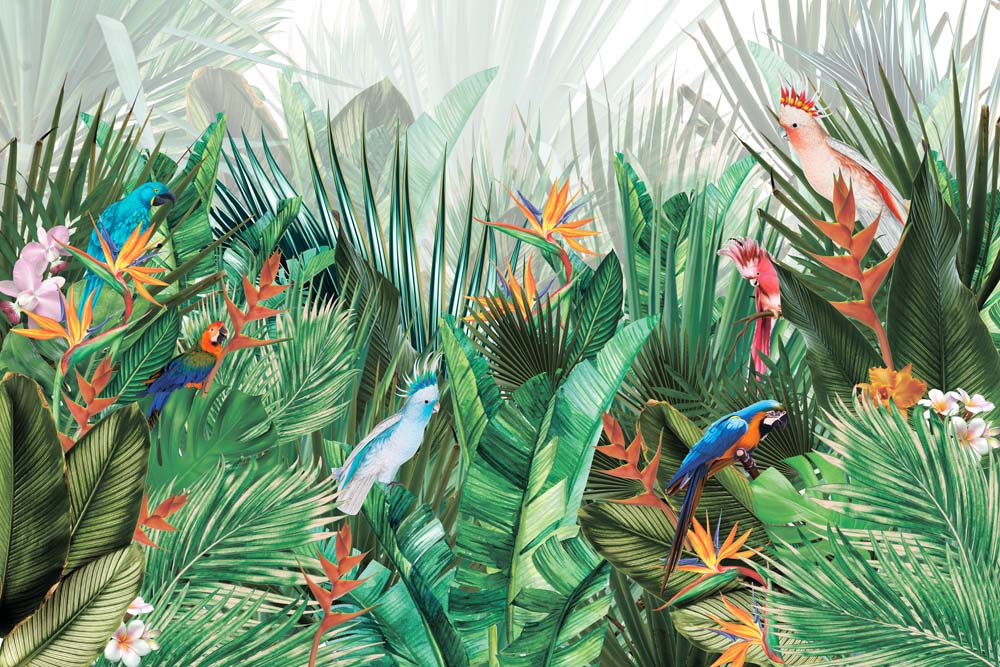 Fototapete Tropische Papageien – Palmblätter und Paradiesvogelblume