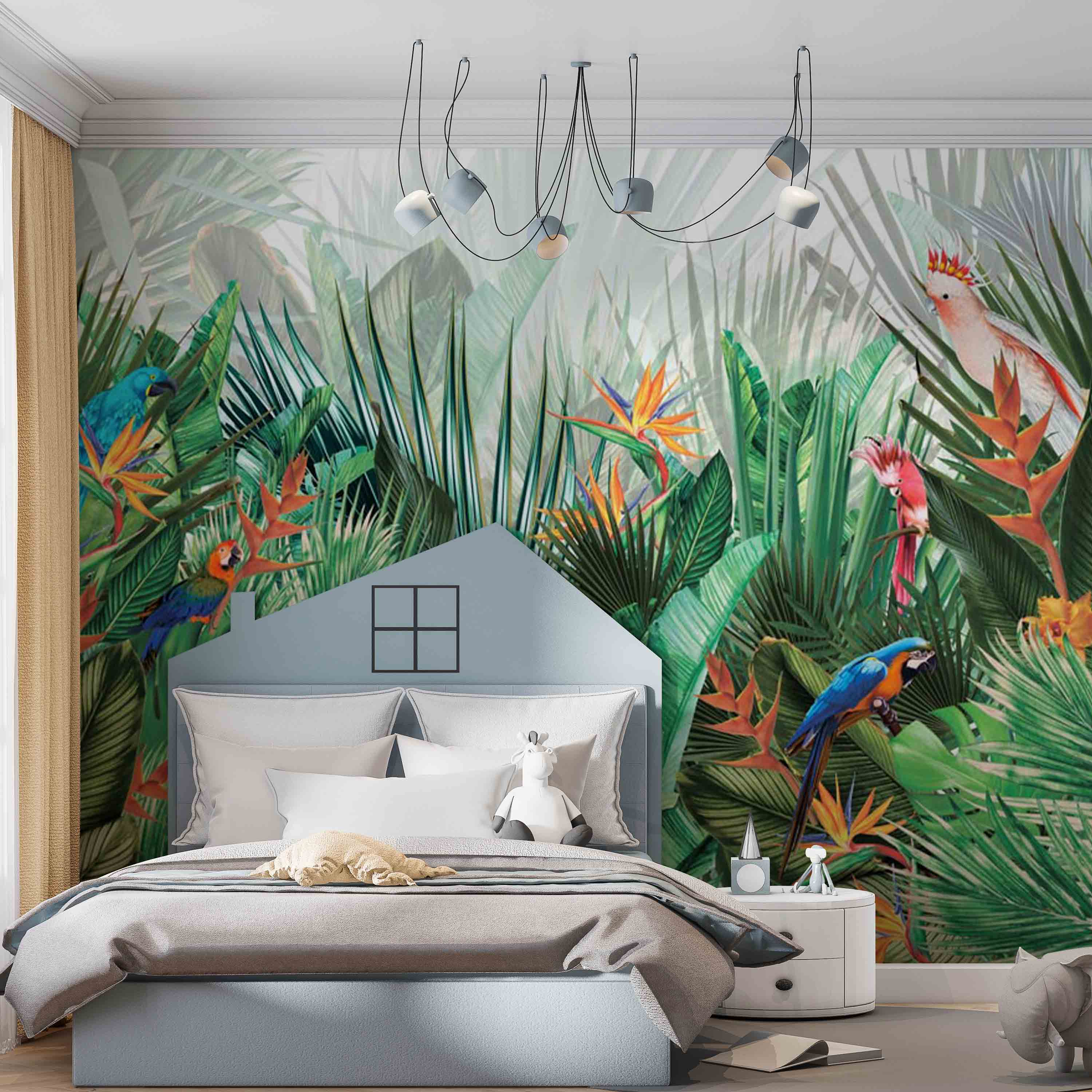 Tropical Forest Wallpaper Green Palm Leaves and Parrots Colorful Jungle Wall Mural Art