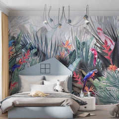 Custom Tropical Forest Wallpaper Colorful Jungle Wall Mural Art Green Palm Leaves and Parrots