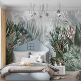 Jungle Wall Mural Art Green Palm Leaves and Parrots Tropical Forest Wallpaper