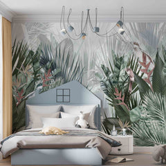 Custom Jungle Wall Mural Art Green Palm Leaves and Parrots Tropical Forest Wallpaper