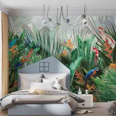 Custom Tropical Forest Wallpaper Green Palm Leaves and Parrots Colorful Jungle Wall Mural Art