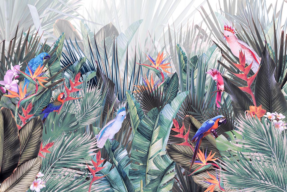 Fototapete Papageien-Dschungel – Bunt tropisch mit Palmblättern und exotischen Blumen
