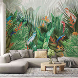 Tropical Forest Wallpaper Green Palm Leaves and Parrots Colorful Jungle Wall Mural Art