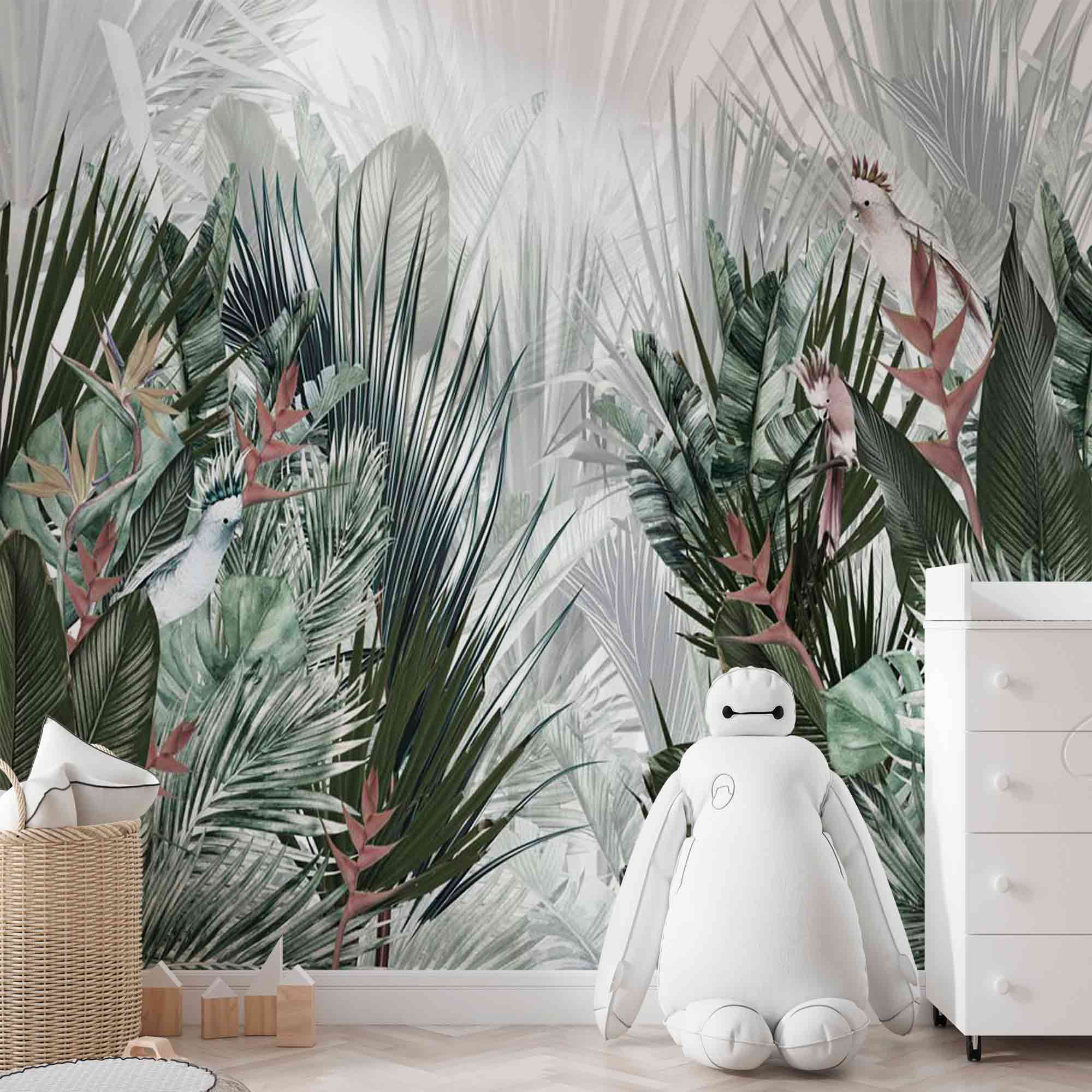 Jungle Wall Mural Art Green Palm Leaves and Parrots Tropical Forest Wallpaper