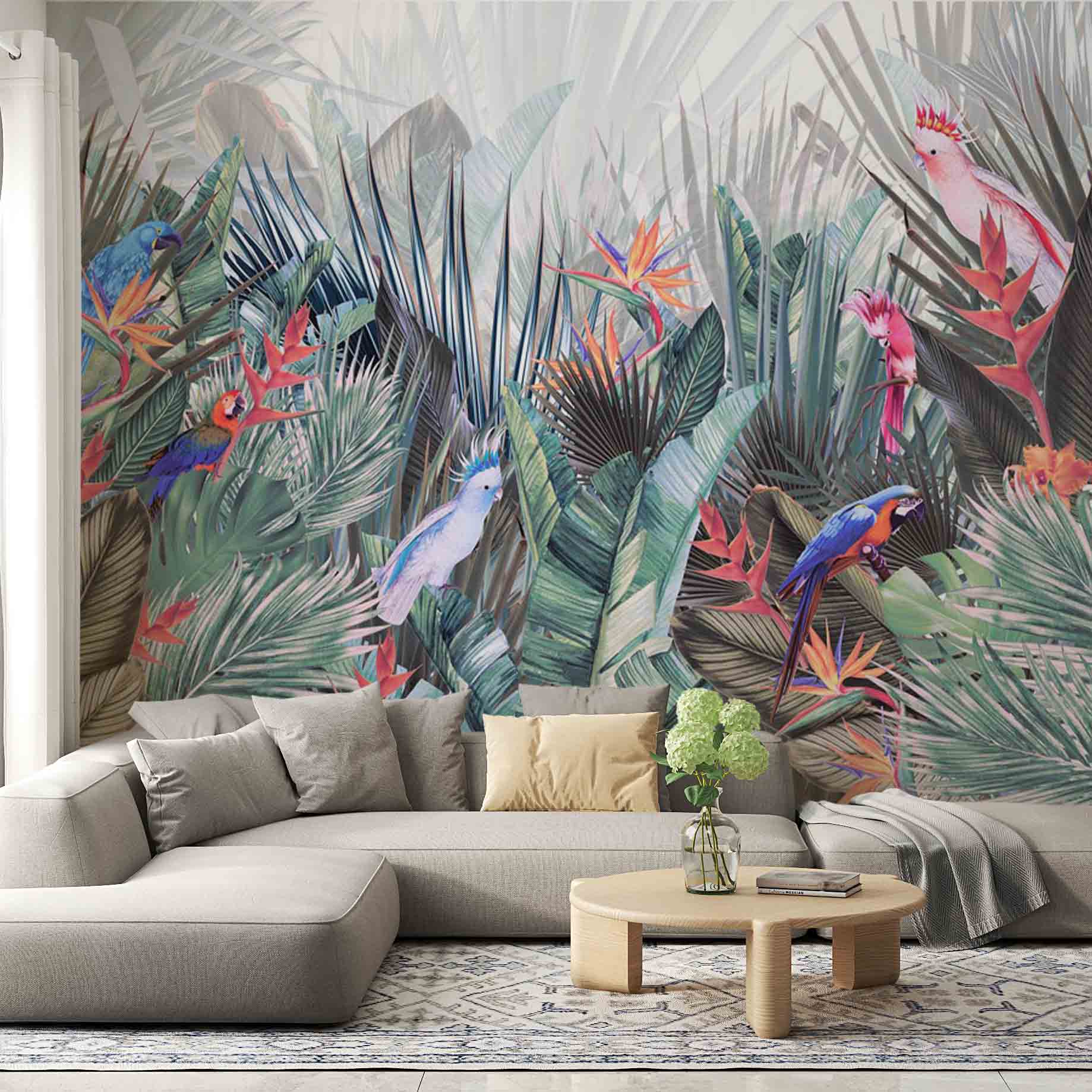 Tropical Forest Wallpaper Colorful Jungle Wall Mural Art Green Palm Leaves and Parrots