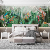 Tropical Forest Wallpaper Green Palm Leaves and Parrots Colorful Jungle Wall Mural Art