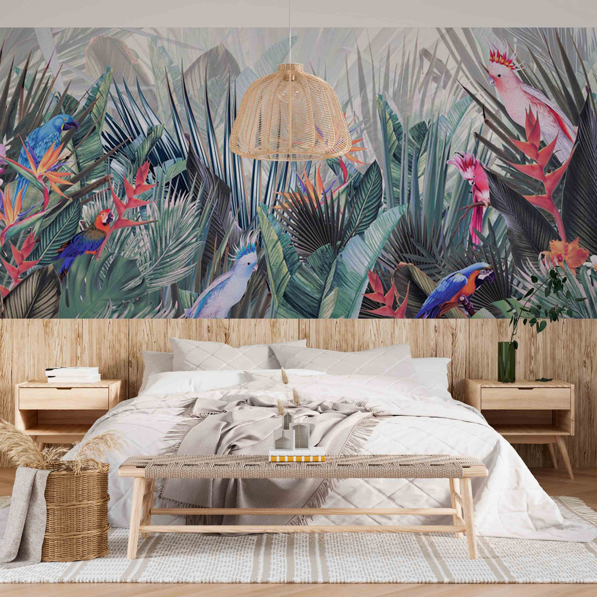 Tropical Forest Wallpaper Colorful Jungle Wall Mural Art Green Palm Leaves and Parrots