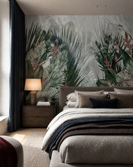 Misty jungle wallpaper in a designer bedroom.