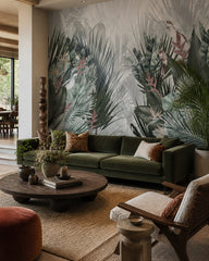 Misty jungle wallpaper in a designer living room.
