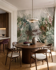 Misty jungle wallpaper in a refined dining area.