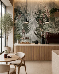 Misty jungle wallpaper in a specialty coffee shop.