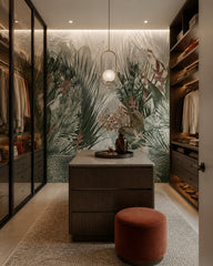 Misty jungle wallpaper in a dressing room.