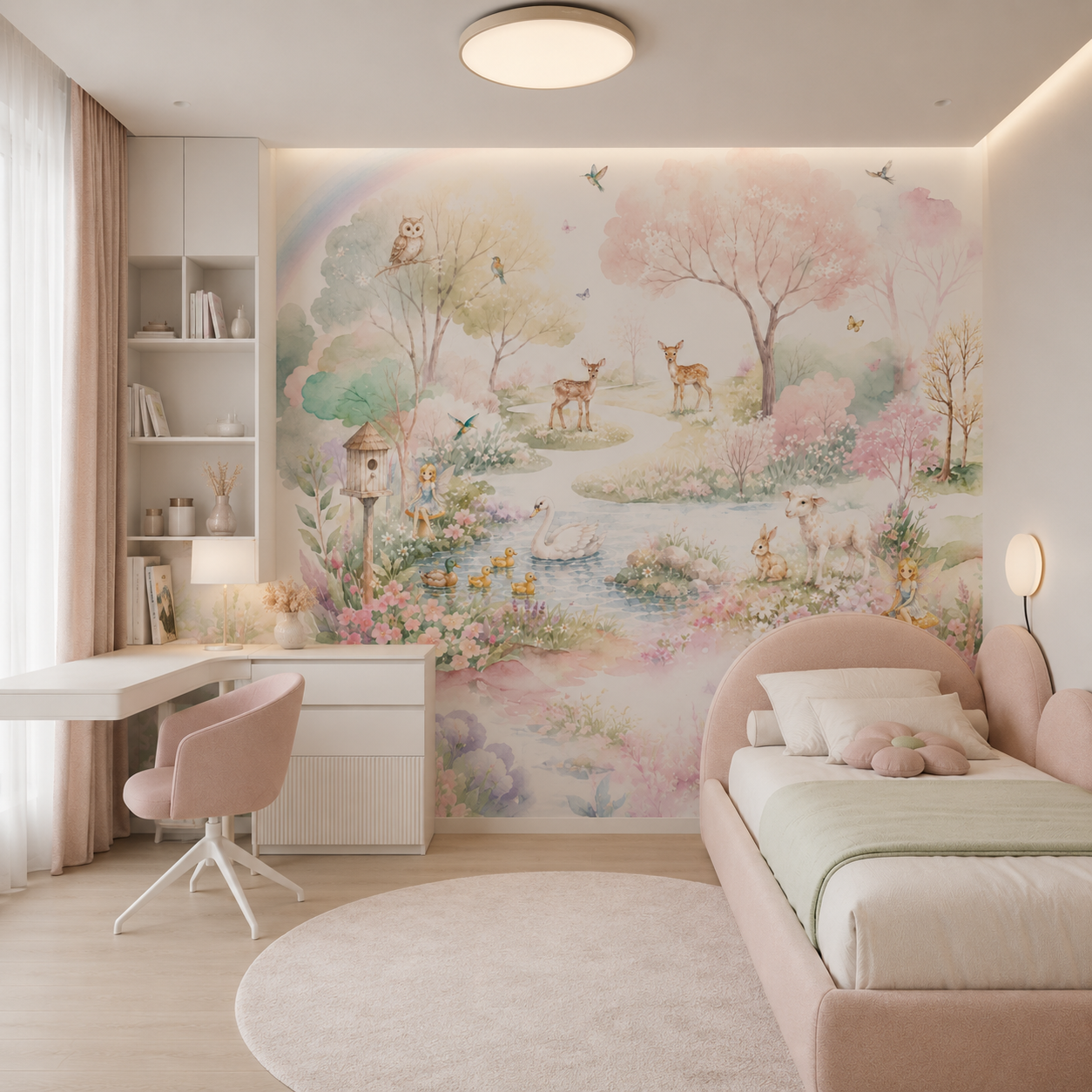 Fairy woodland wall mural displayed in a modern girls bedroom with deer, swan, lamb, rainbow and pastel forest scenery.