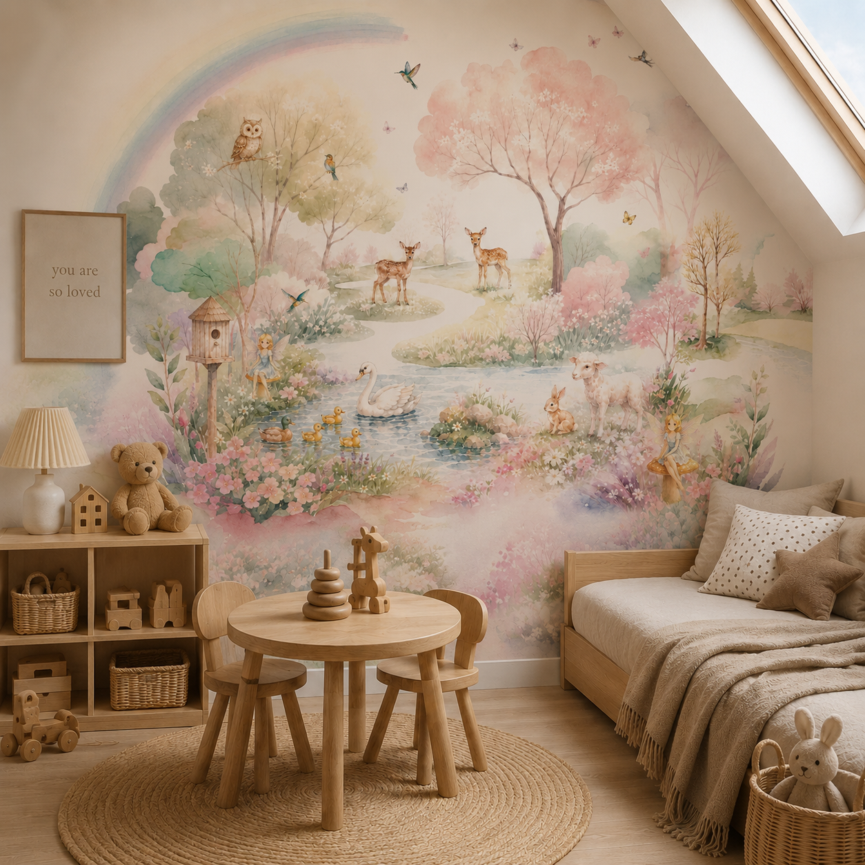 Pastel fairy woodland wallpaper with deer, swan, ducklings, lamb, bunnies, owls, rainbow and blooming forest flowers.