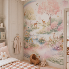 Pastel woodland wallpaper with deer, swan, fairies, owl and rainbow shown in a cozy attic kids bedroom.