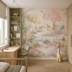 Fairytale forest wallpaper with deer, swan, lamb, rabbits and pink flowering trees in a soft girls bedroom.