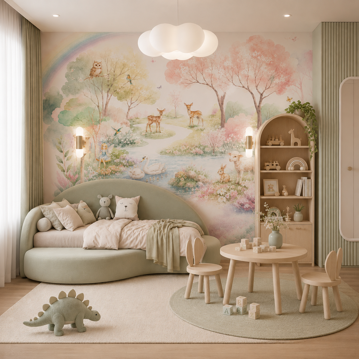 Fairy woodland mural with rainbow, deer, swan, owl and pastel flowers displayed in a modern children’s bedroom.