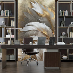 Custom Feather Wallpaper Mural White Gold Elegant Wall Decor