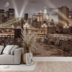 Custom New York City Nightscape Wall Mural - Brooklyn Bridge and Skyline with Moonlight