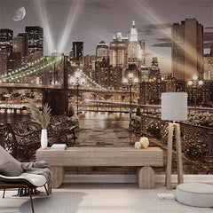 Custom New York City Nightscape Wall Mural - Brooklyn Bridge and Skyline with Moonlight