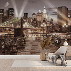 Custom New York City Nightscape Wall Mural - Brooklyn Bridge and Skyline with Moonlight