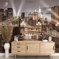 Custom New York City Nightscape Wall Mural - Brooklyn Bridge and Skyline with Moonlight