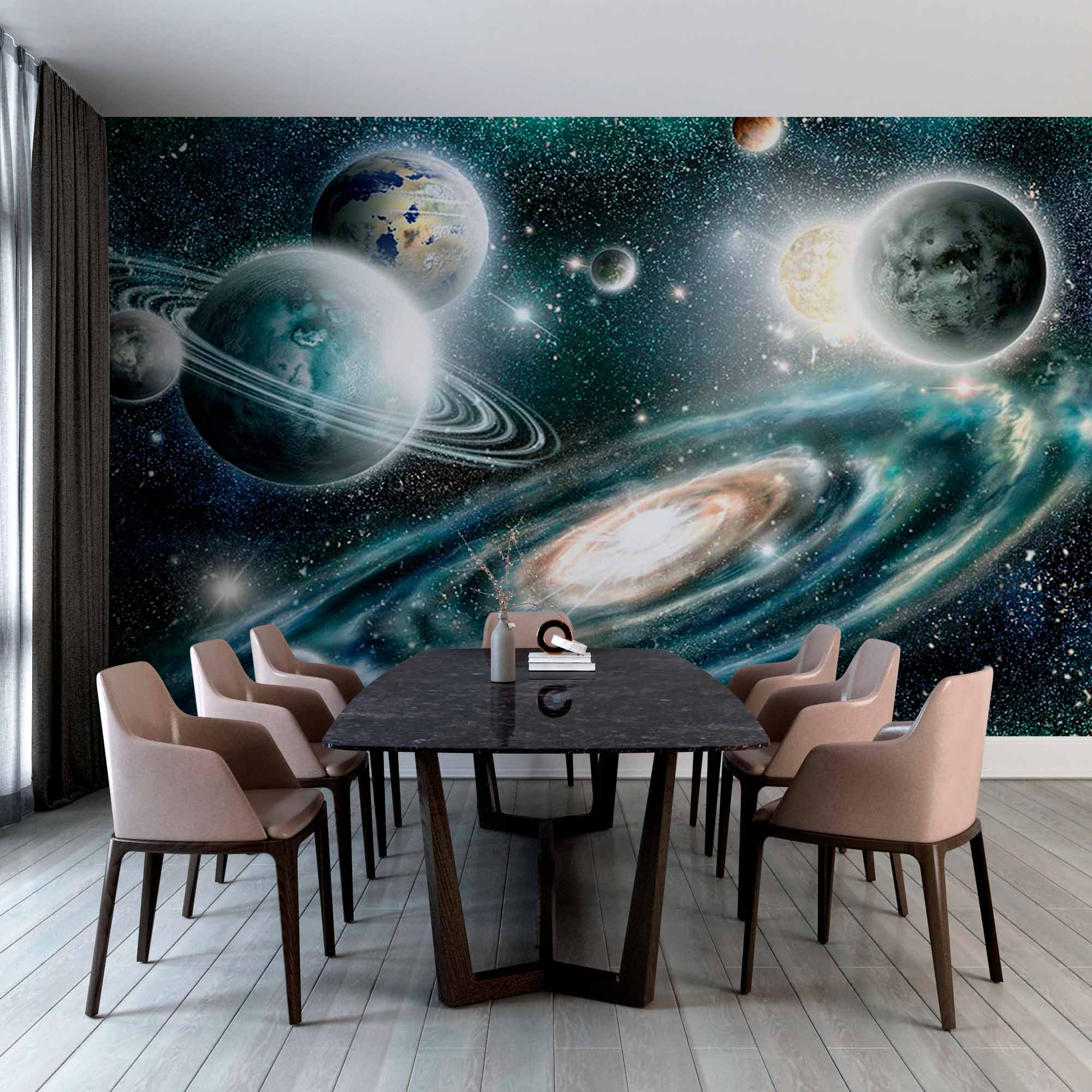 Spectacular Space Wall Mural Wallpaper with Planets and Spiral Galaxy