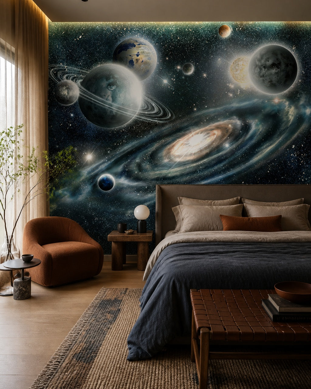 Spiral galaxy wallpaper in a designer bedroom.