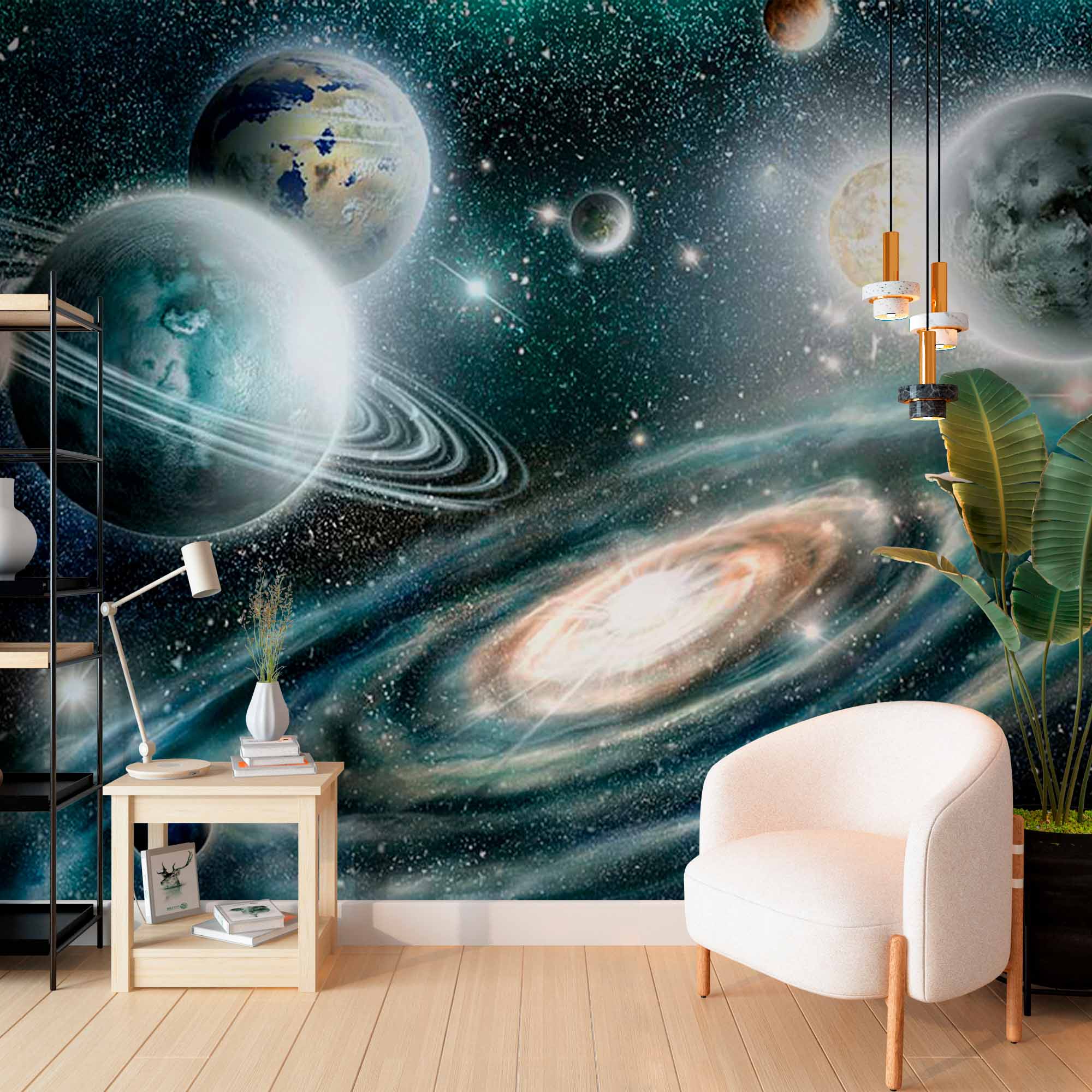 Spectacular Space Wall Mural Wallpaper with Planets and Spiral Galaxy