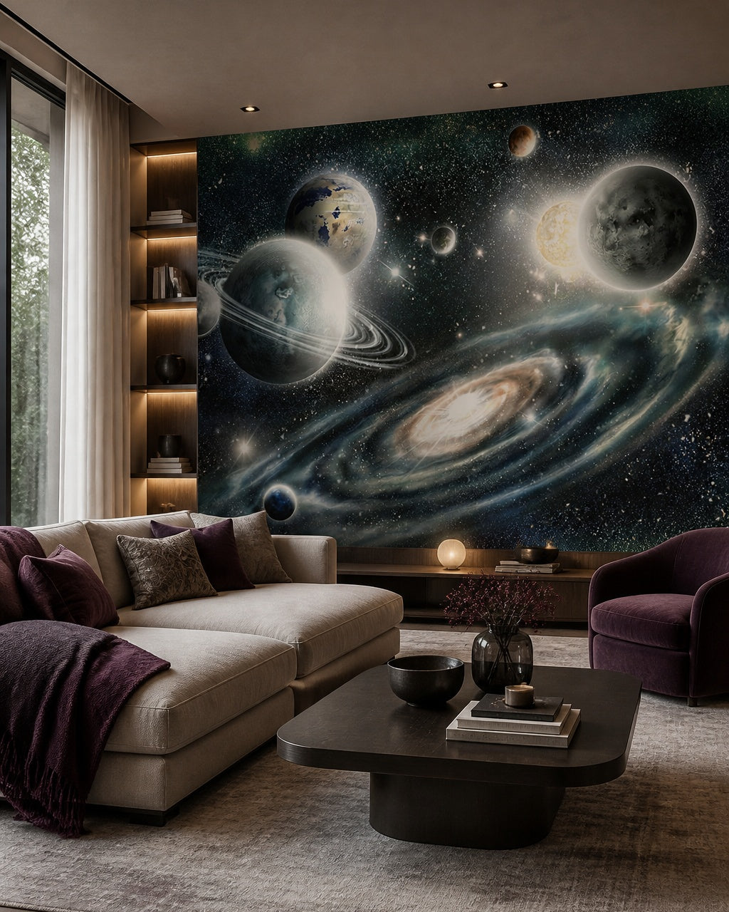 Spiral galaxy wallpaper in a designer living room.