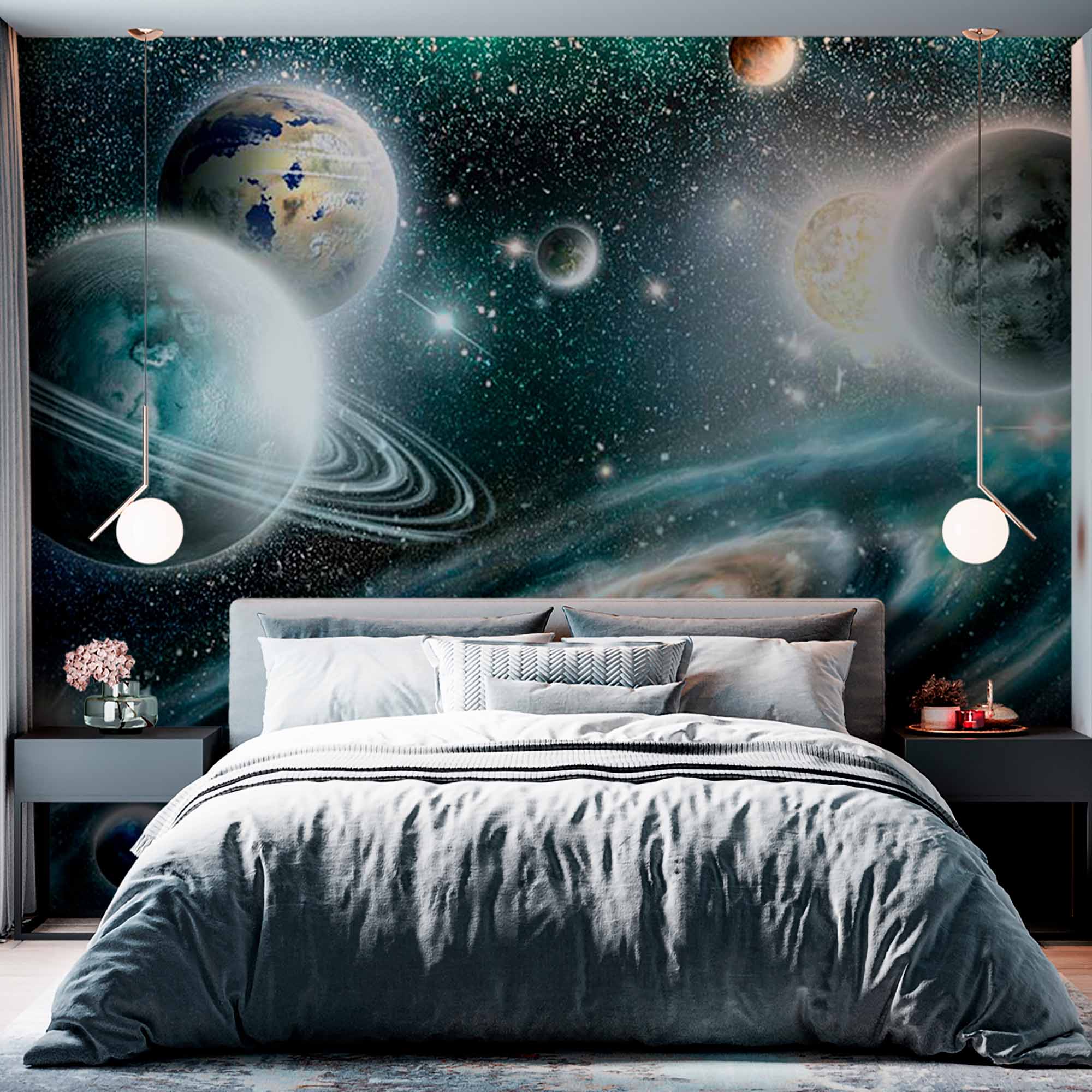 Spectacular Space Wall Mural Wallpaper with Planets and Spiral Galaxy