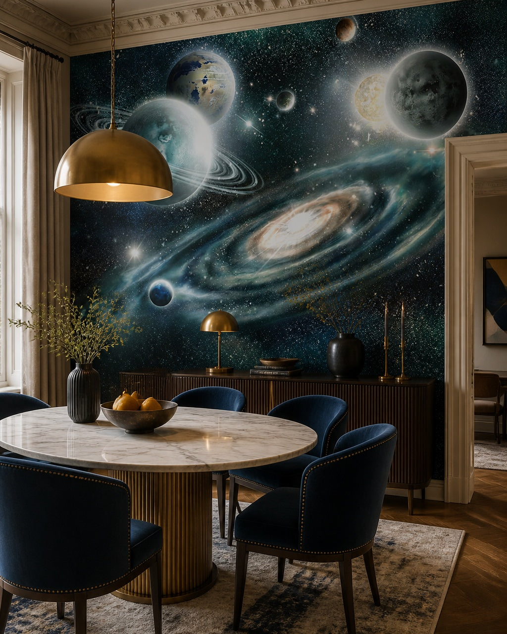 Spiral galaxy wallpaper in a refined dining area.