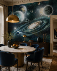 Spiral galaxy wallpaper in a refined dining area.
