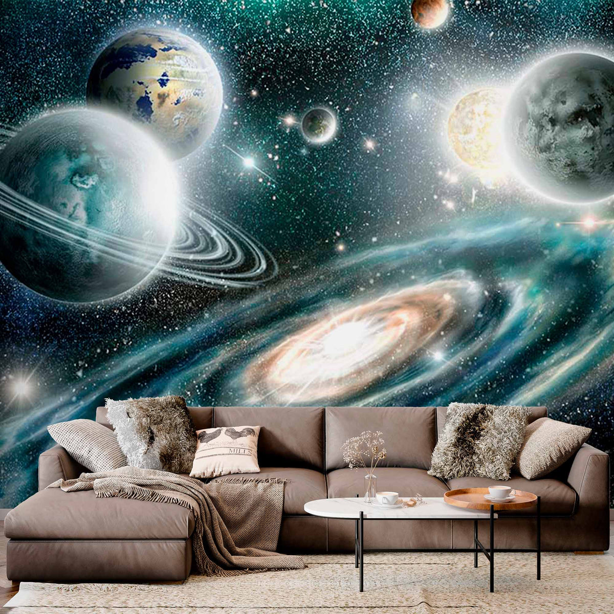 Custom Spectacular Space Wall Mural Wallpaper with Planets and Spiral Galaxy