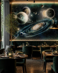 Spiral galaxy wallpaper in a restaurant.