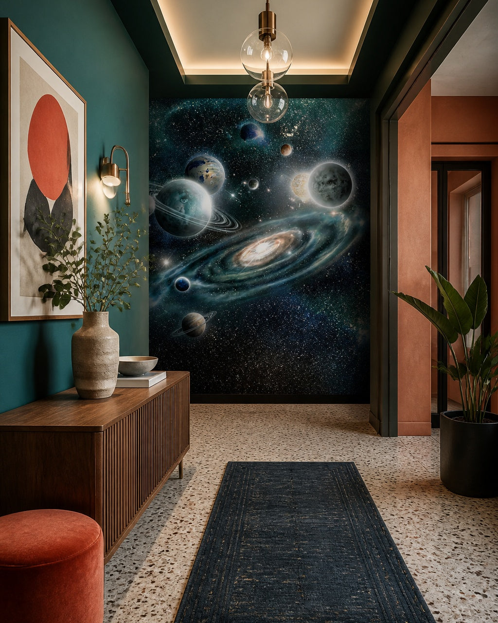 Spiral galaxy wallpaper in an architectural hallway.