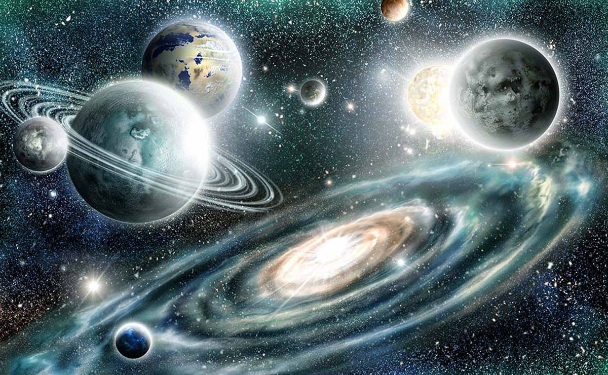 Papier peint galaxie spirale – Papier peint panoramique espace planètes bleu canard et anneaux