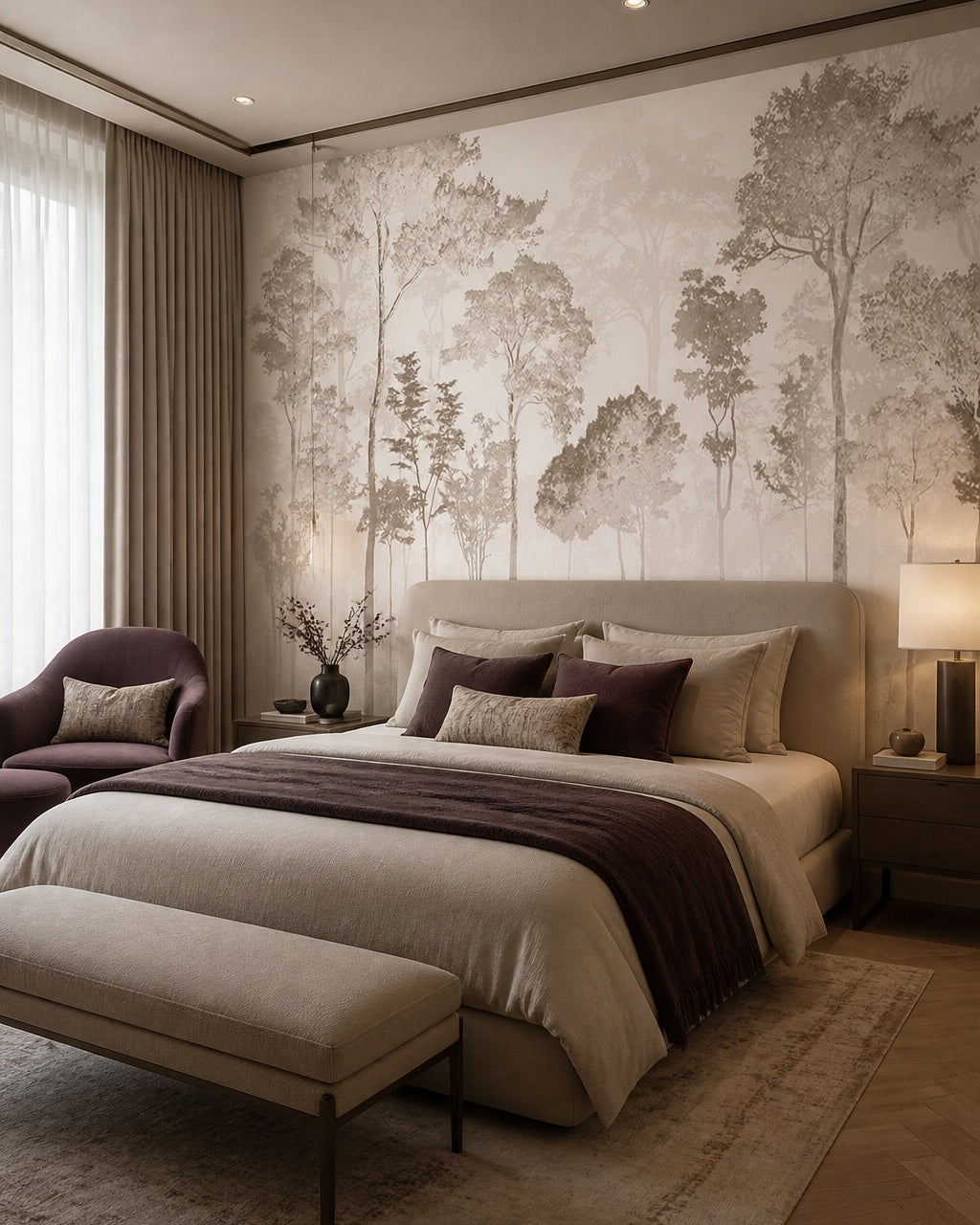 Neutral tree silhouette wallpaper in a designer bedroom.