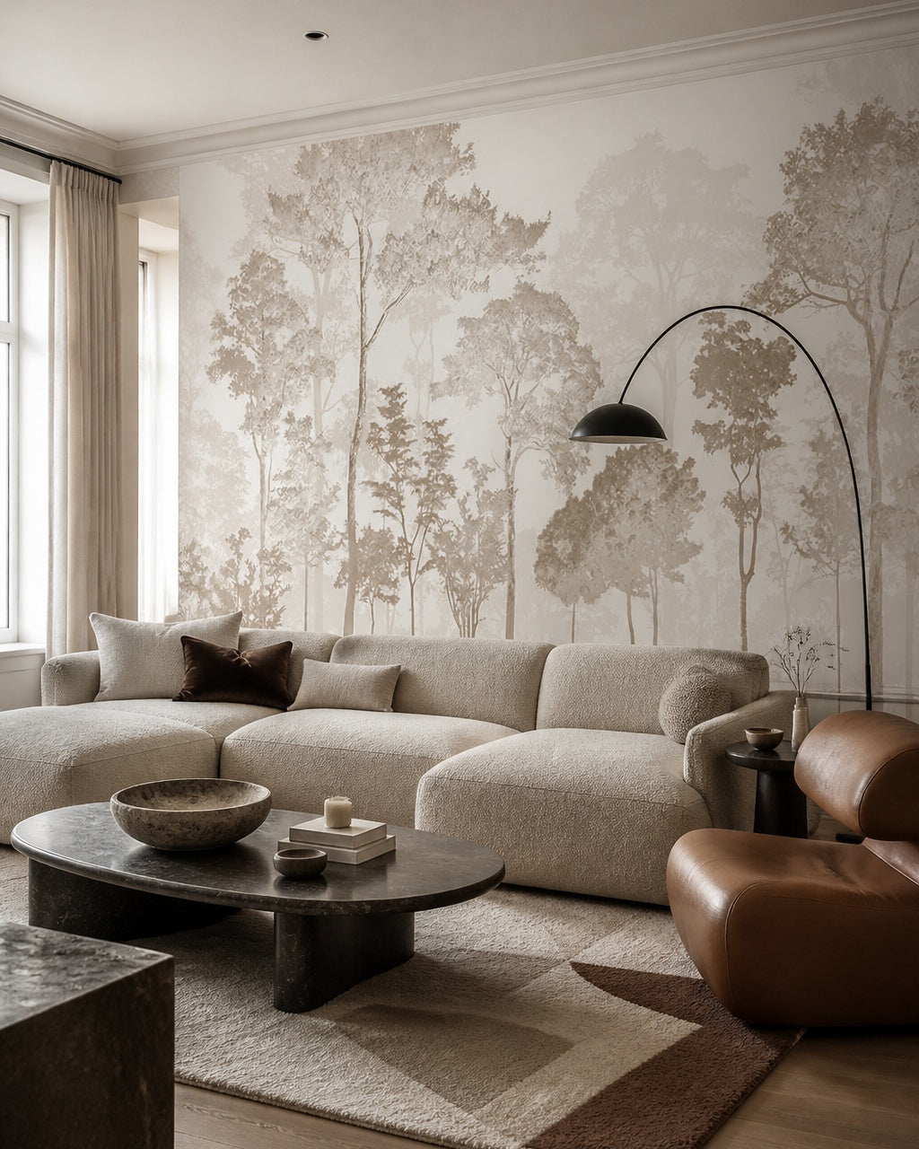 Neutral tree silhouette wallpaper in a designer living room.
