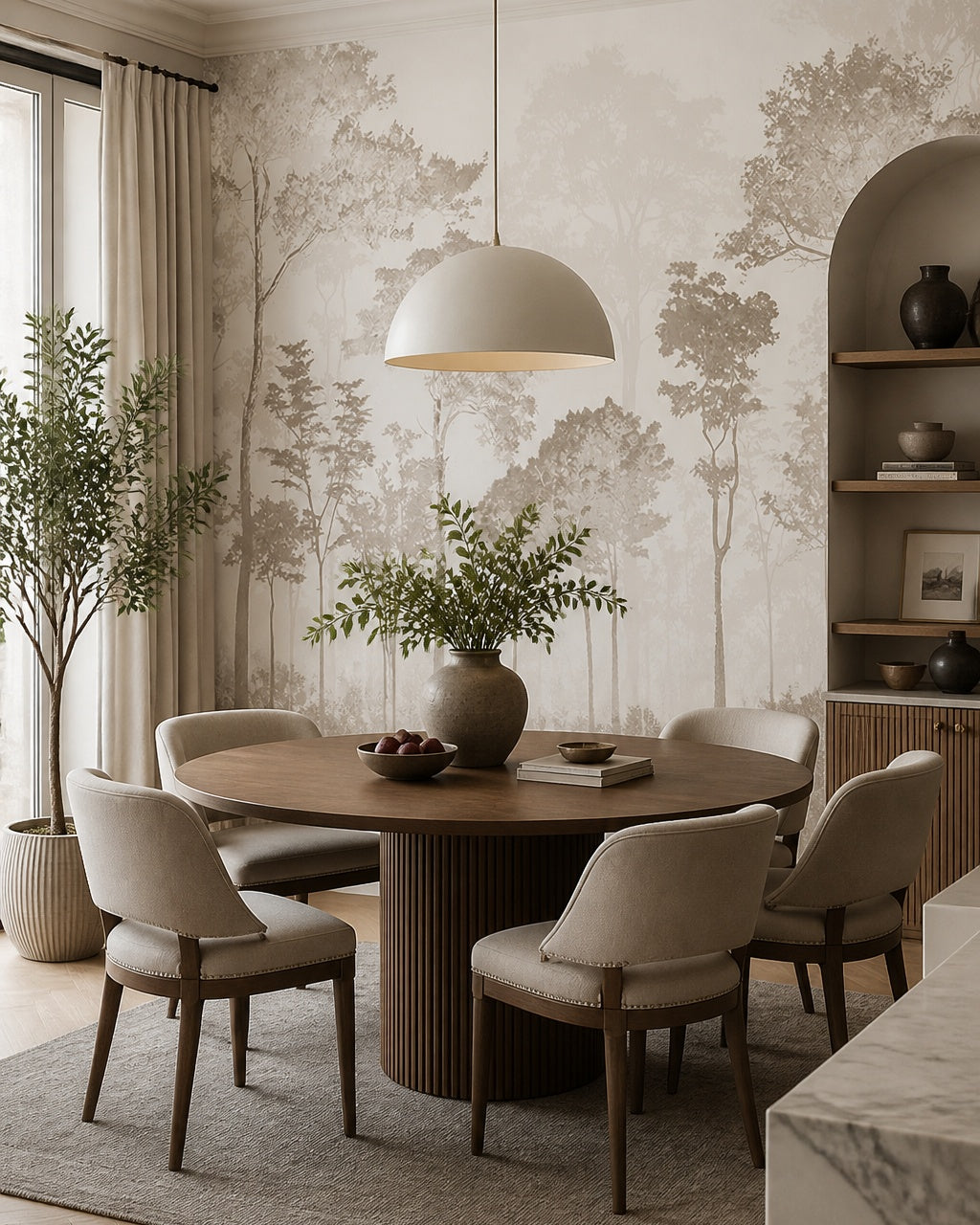 Neutral tree silhouette wallpaper in a refined dining area.