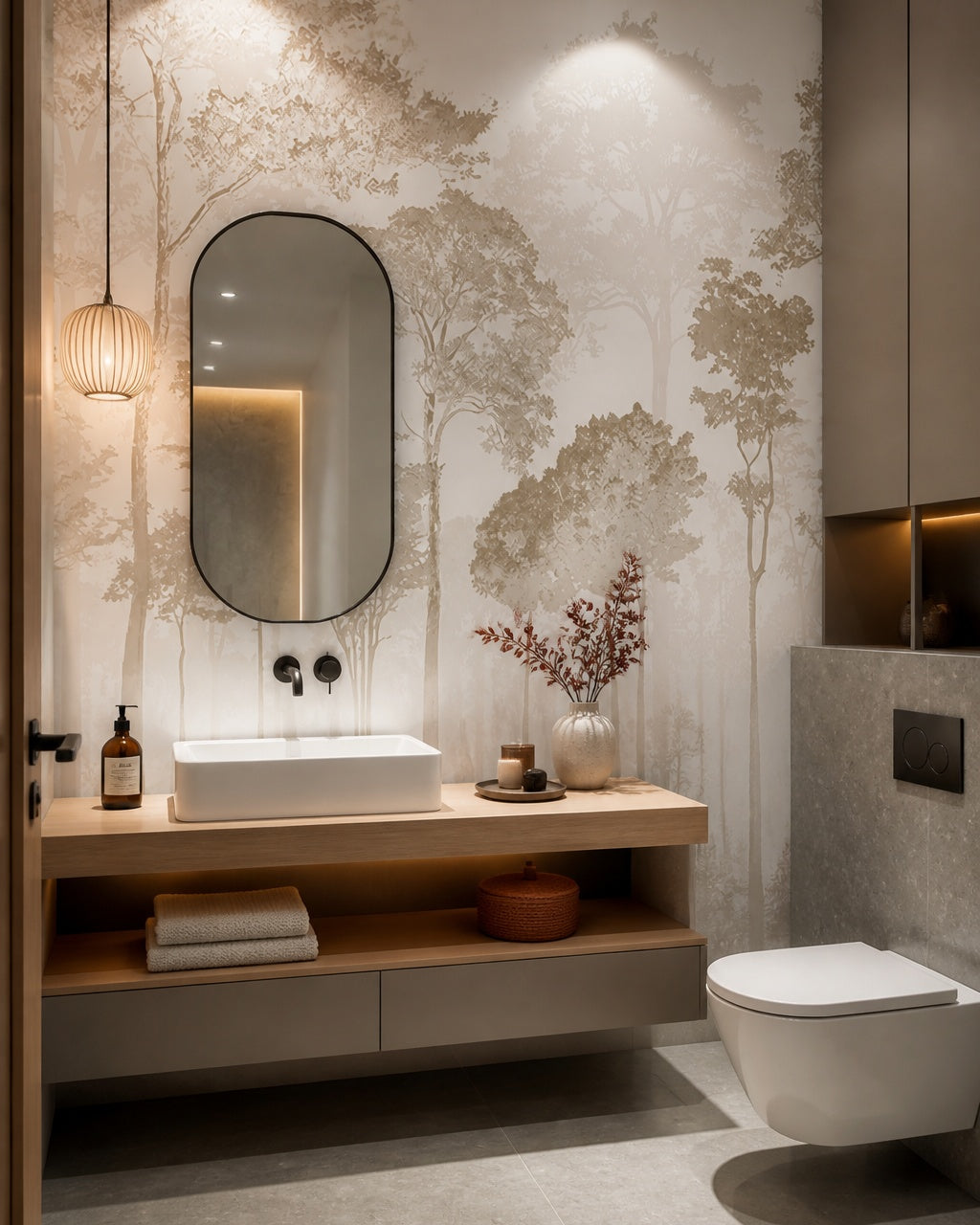 Neutral tree silhouette wallpaper in a luxury bathroom.