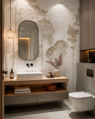 Neutral tree silhouette wallpaper in a luxury bathroom.