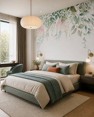 Hanging leaves and blooms wallpaper in a designer bedroom.