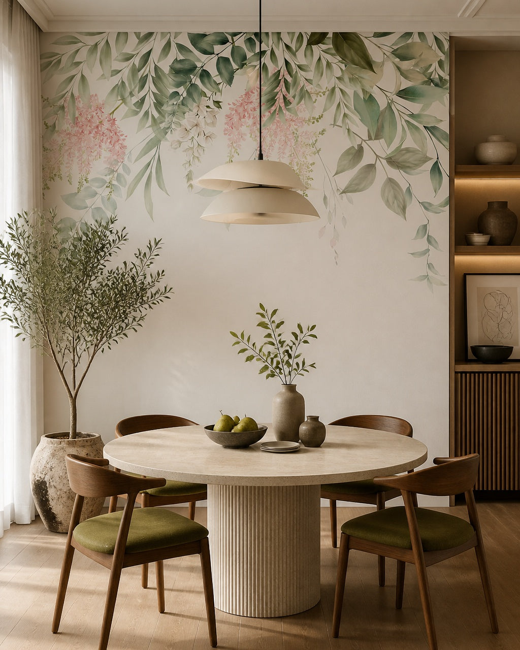 Hanging leaves and blooms wallpaper in a refined dining area.
