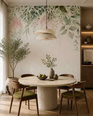 Hanging leaves and blooms wallpaper in a refined dining area.