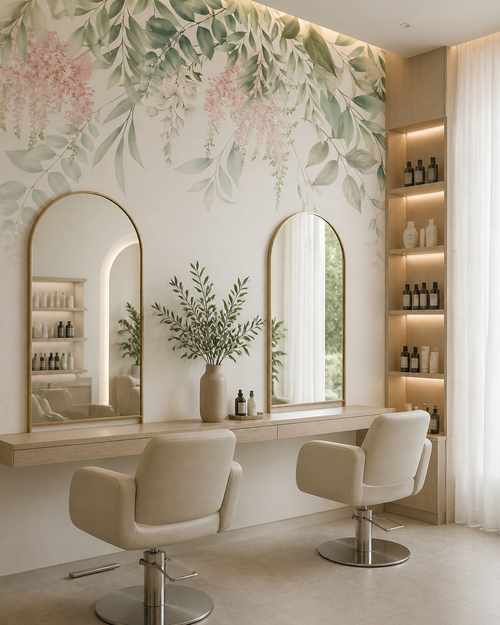 Hanging leaves and blooms wallpaper in a beauty salon.
