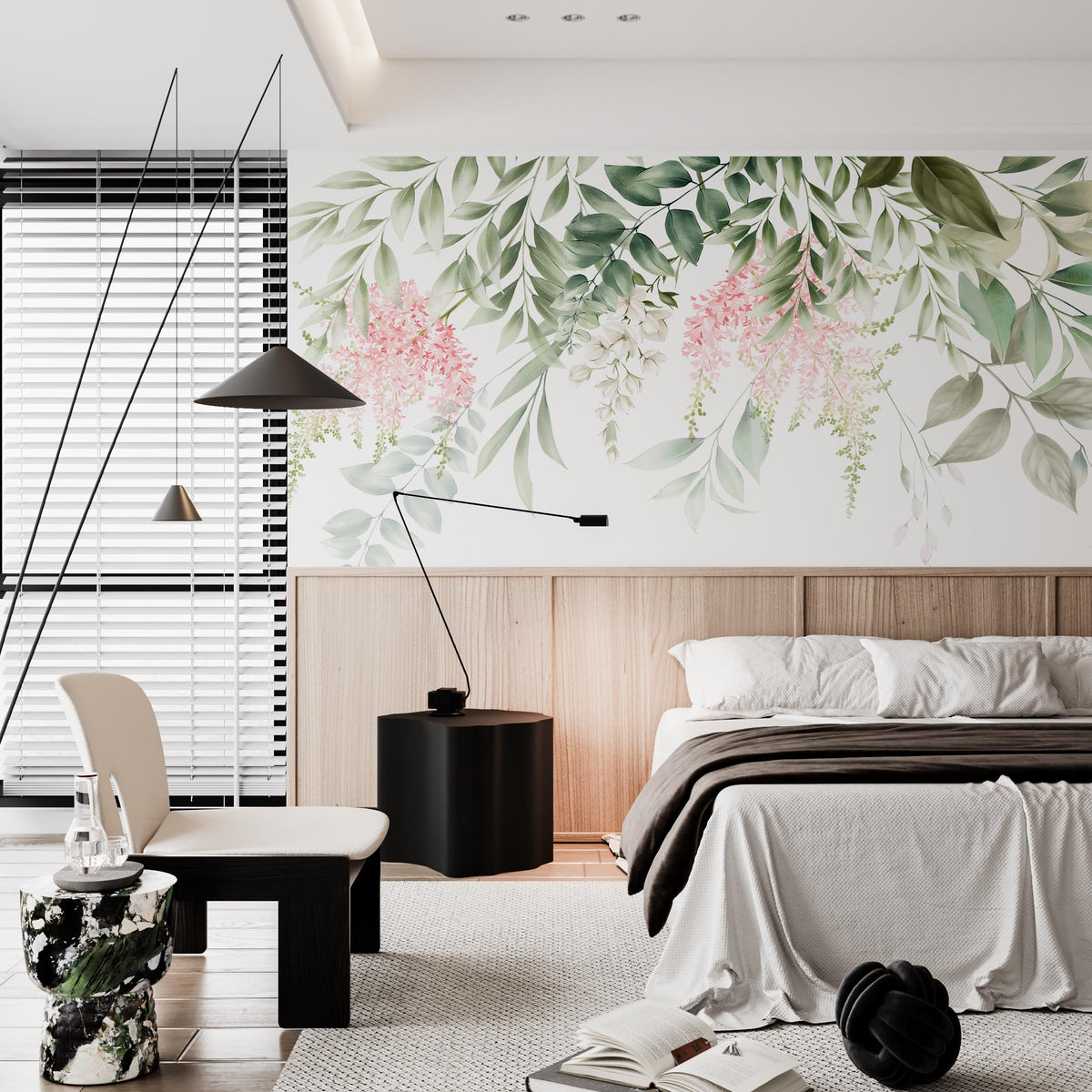 Papier peint feuilles retombantes et fleurs roses – Papier peint panoramique frise de verdure à l’aquarelle