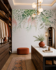 Hanging leaves and blooms wallpaper in a walk-in wardrobe.